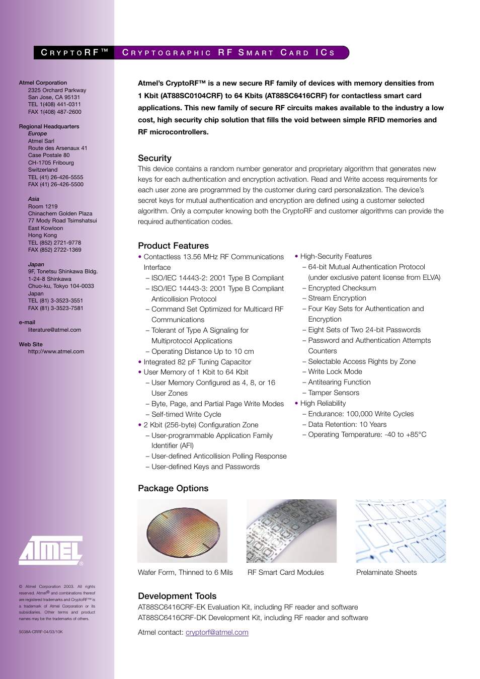 Product features, R f s, Package options | Development tools, Security | Atmel AT88SC6416CRF User Manual | Page 2 / 2