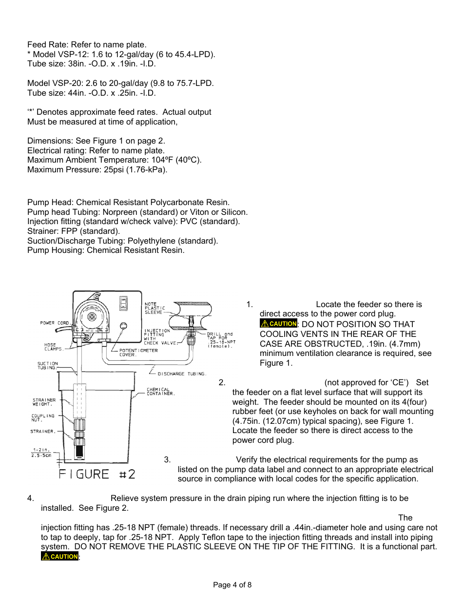 Technical specifications, Material of construction, Installation | Pulsafeeder MEC-O-MATIC VSP Series User Manual | Page 4 / 8