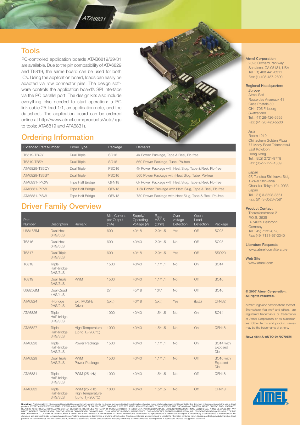 Ordering information, Driver family overview, Tools | Atmel Dual Triple DMOS Output Drivers with Serial Input and PWM Control ATA6829 User Manual | Page 2 / 2