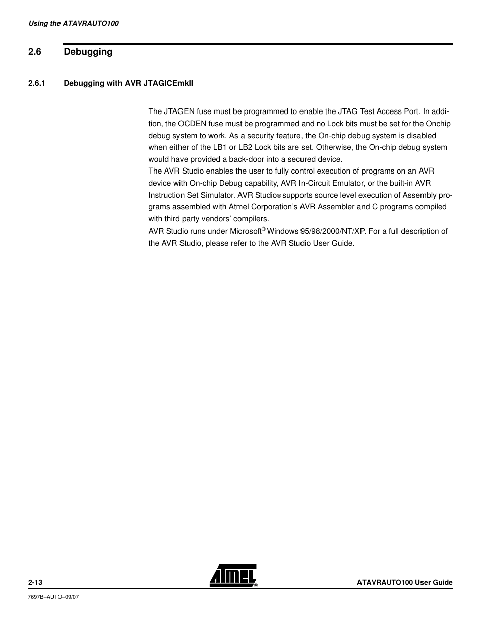6 debugging, 1 debugging with avr jtagicemkii, Debugging -12 | Atmel ATAVRAUTO100 User Manual | Page 12 / 19