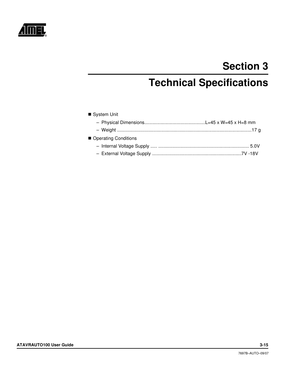 Section 3, Technical specifications, Section 3 technical specifications -15 | Atmel ATAVRAUTO100 User Manual | Page 13 / 19