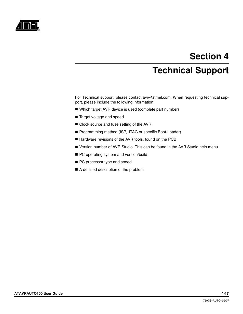Section 4, Technical support, Section 4 technical support -17 | Atmel ATAVRAUTO100 User Manual | Page 14 / 19
