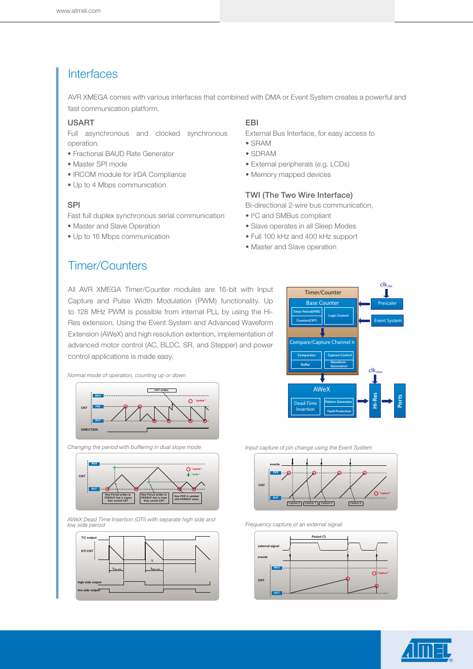 Timer/counters, Interfaces, Usart | Twi (the two wire interface), Bi-directional 2-wire bus communication, • i, Awex, Timer/counter base counter, Hi-r es por ts clk | Atmel AVR XMEGA 8/16-bit High Performance Low Power Flash Microcontrollers User Manual | Page 9 / 12