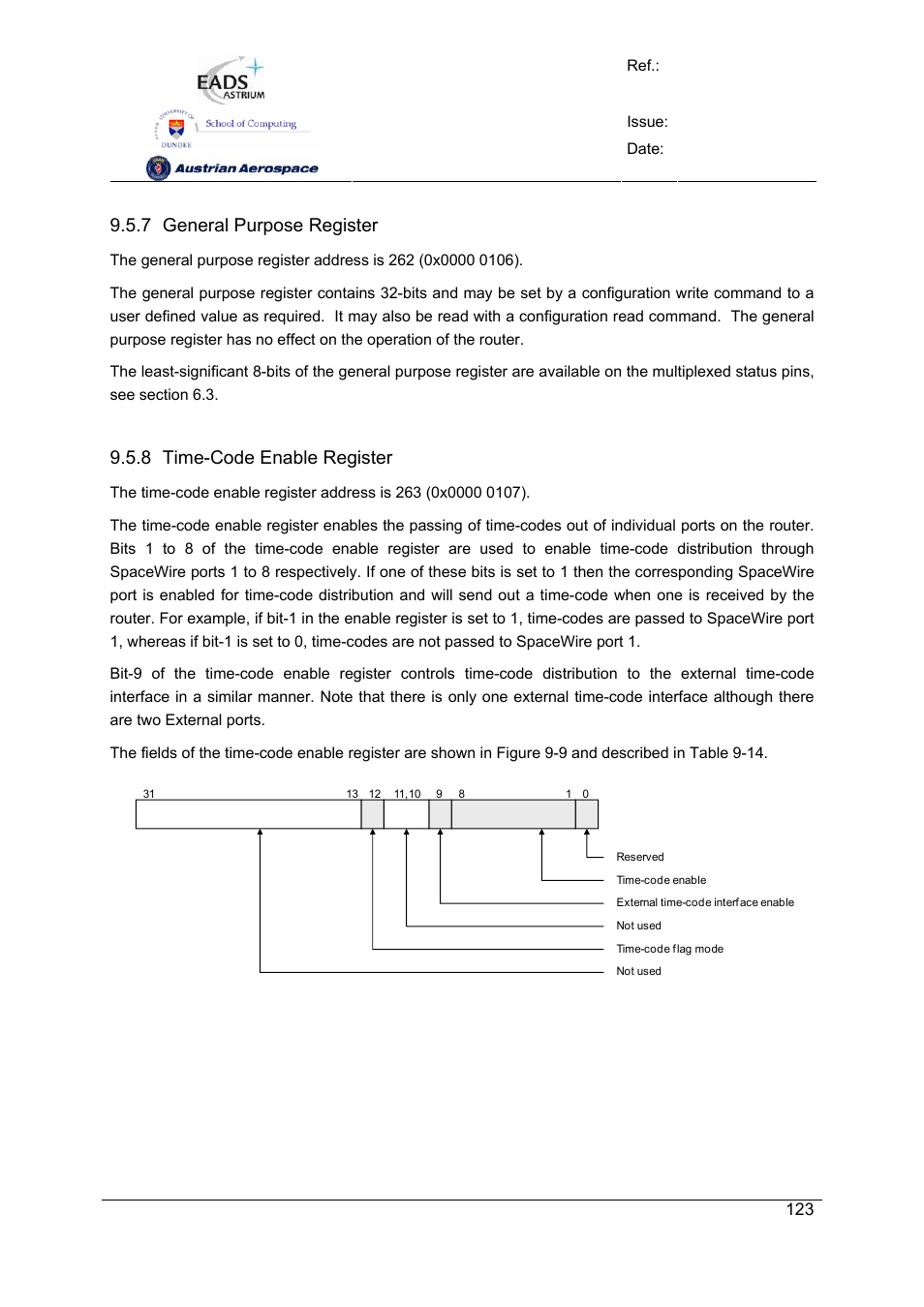 Spw-10x spacewire router, User manual, Preliminary | 7 general purpose register, 8 time-code enable register | Atmel SpaceWire Router SpW-10X User Manual | Page 123 / 155