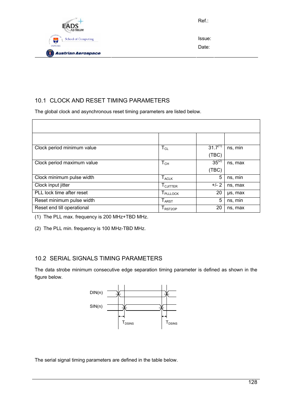 Spw-10x spacewire router, User manual, Preliminary | 2 serial signals timing parameters | Atmel SpaceWire Router SpW-10X User Manual | Page 128 / 155