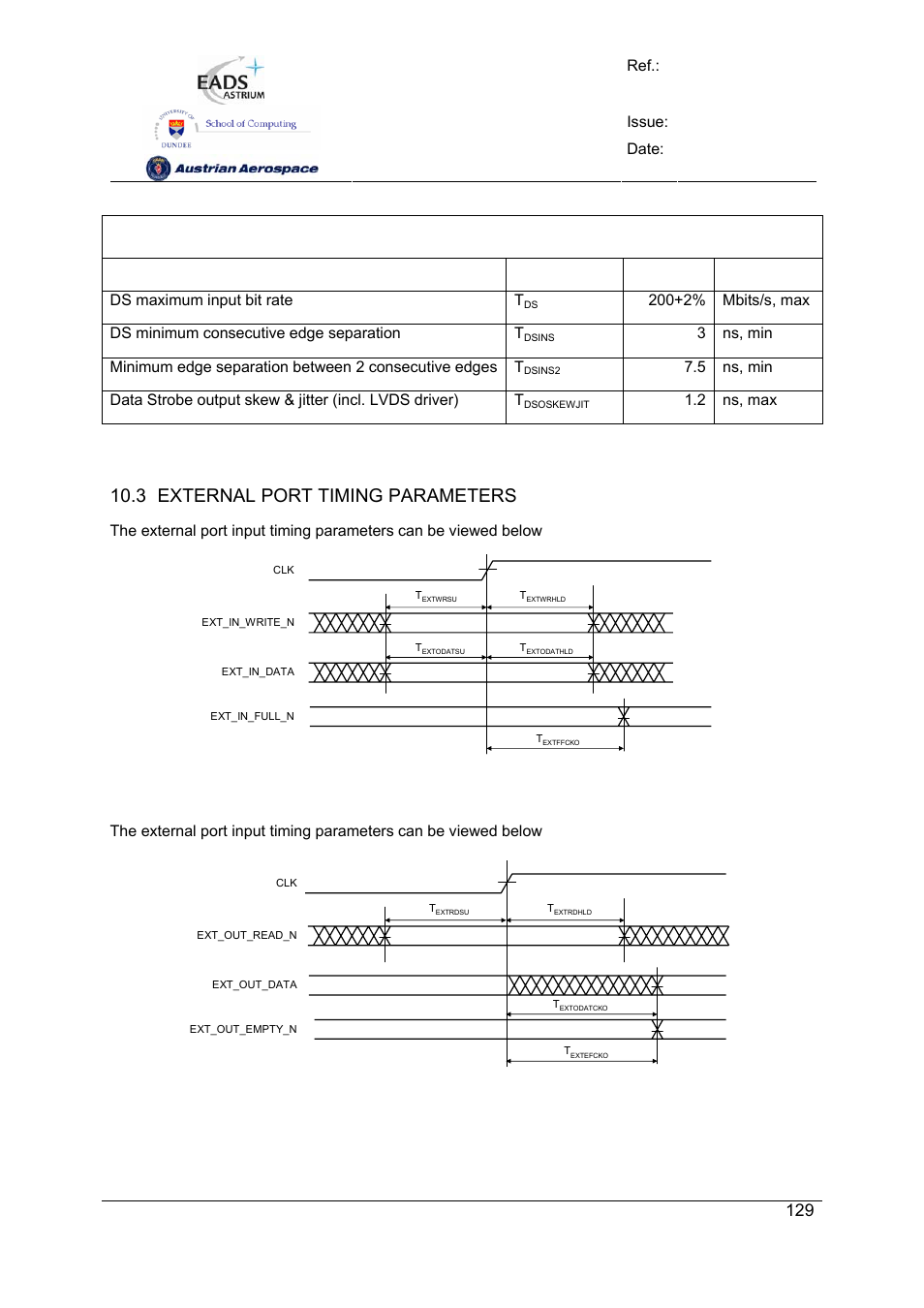 Spw-10x spacewire router, User manual, Preliminary | 3 external port timing parameters | Atmel SpaceWire Router SpW-10X User Manual | Page 129 / 155