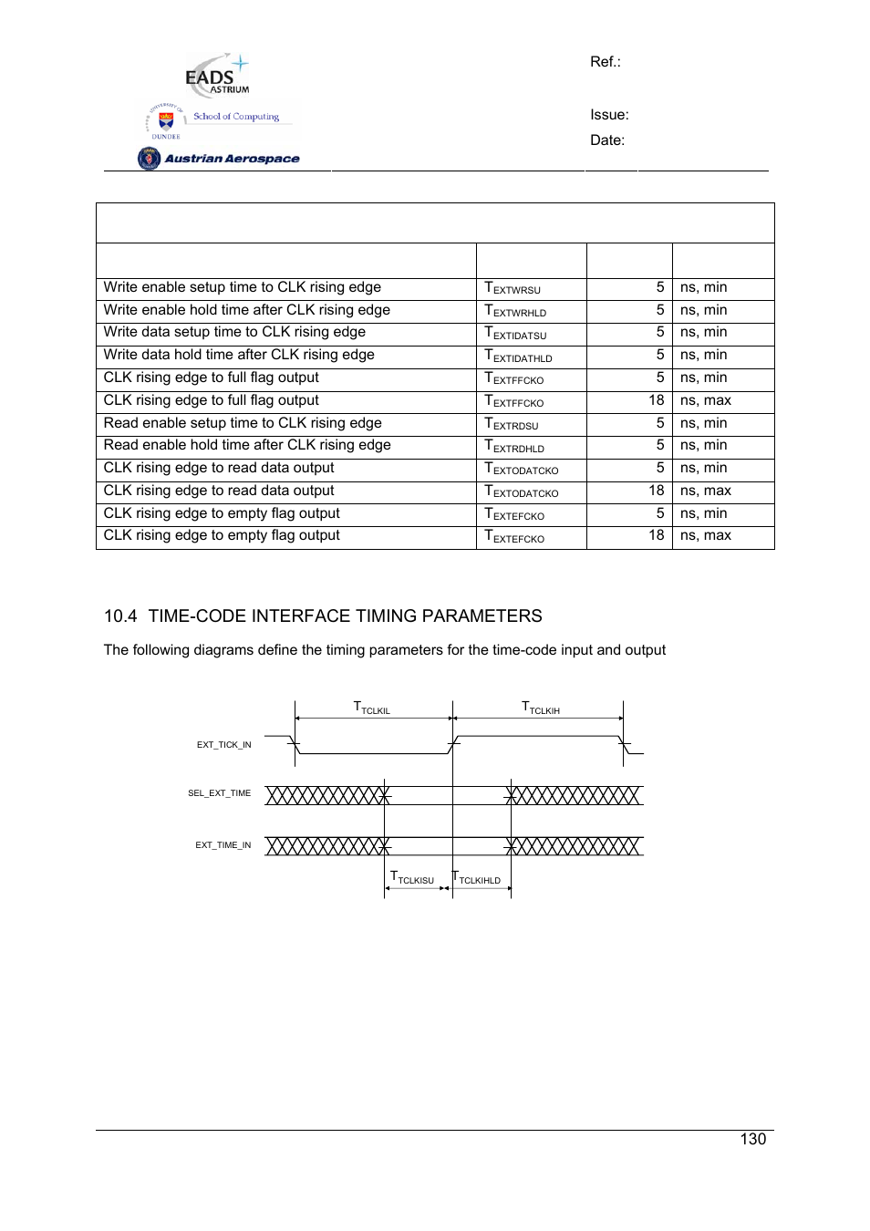 Spw-10x spacewire router, User manual, Preliminary | 4 time-code interface timing parameters | Atmel SpaceWire Router SpW-10X User Manual | Page 130 / 155