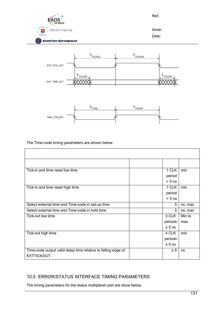 Spw-10x spacewire router, User manual, Preliminary | 5 error/status interface timing parameters | Atmel SpaceWire Router SpW-10X User Manual | Page 131 / 155