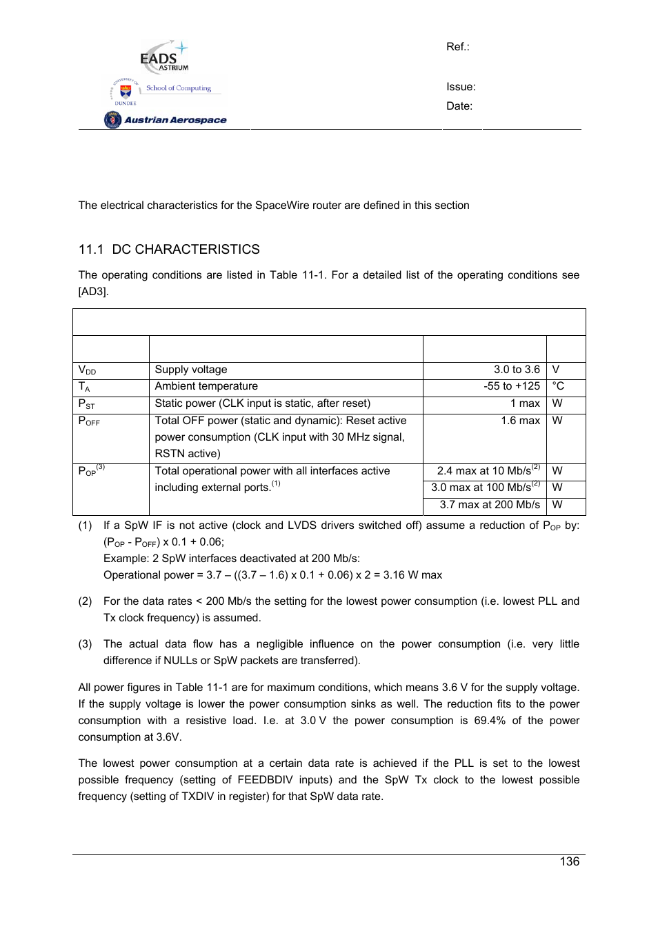 Spw-10x spacewire router, User manual, Preliminary | Electrical characteristics, 1 dc characteristics | Atmel SpaceWire Router SpW-10X User Manual | Page 136 / 155