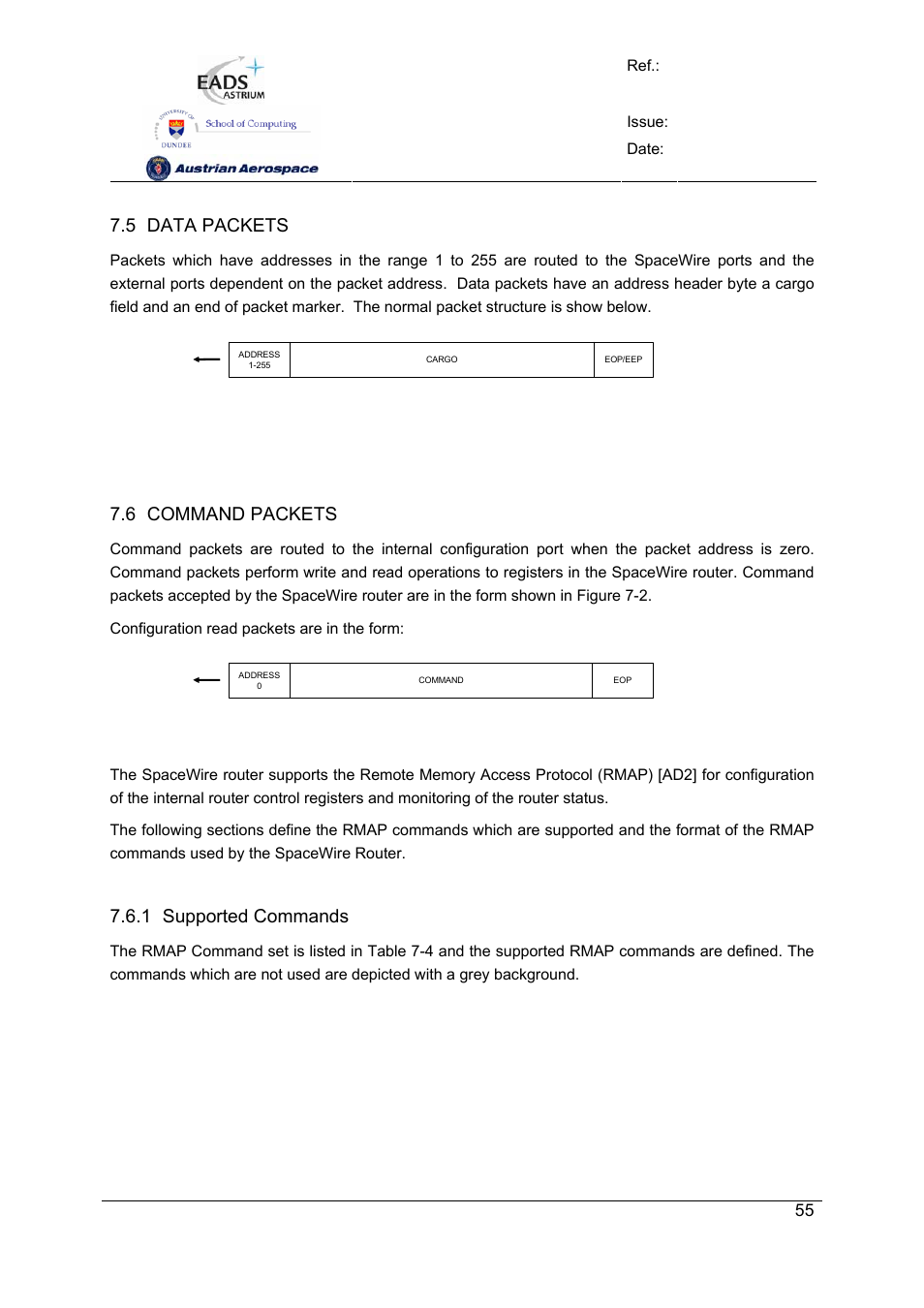 Spw-10x spacewire router, User manual, Preliminary | 5 data packets, 6 command packets, 1 supported commands | Atmel SpaceWire Router SpW-10X User Manual | Page 55 / 155