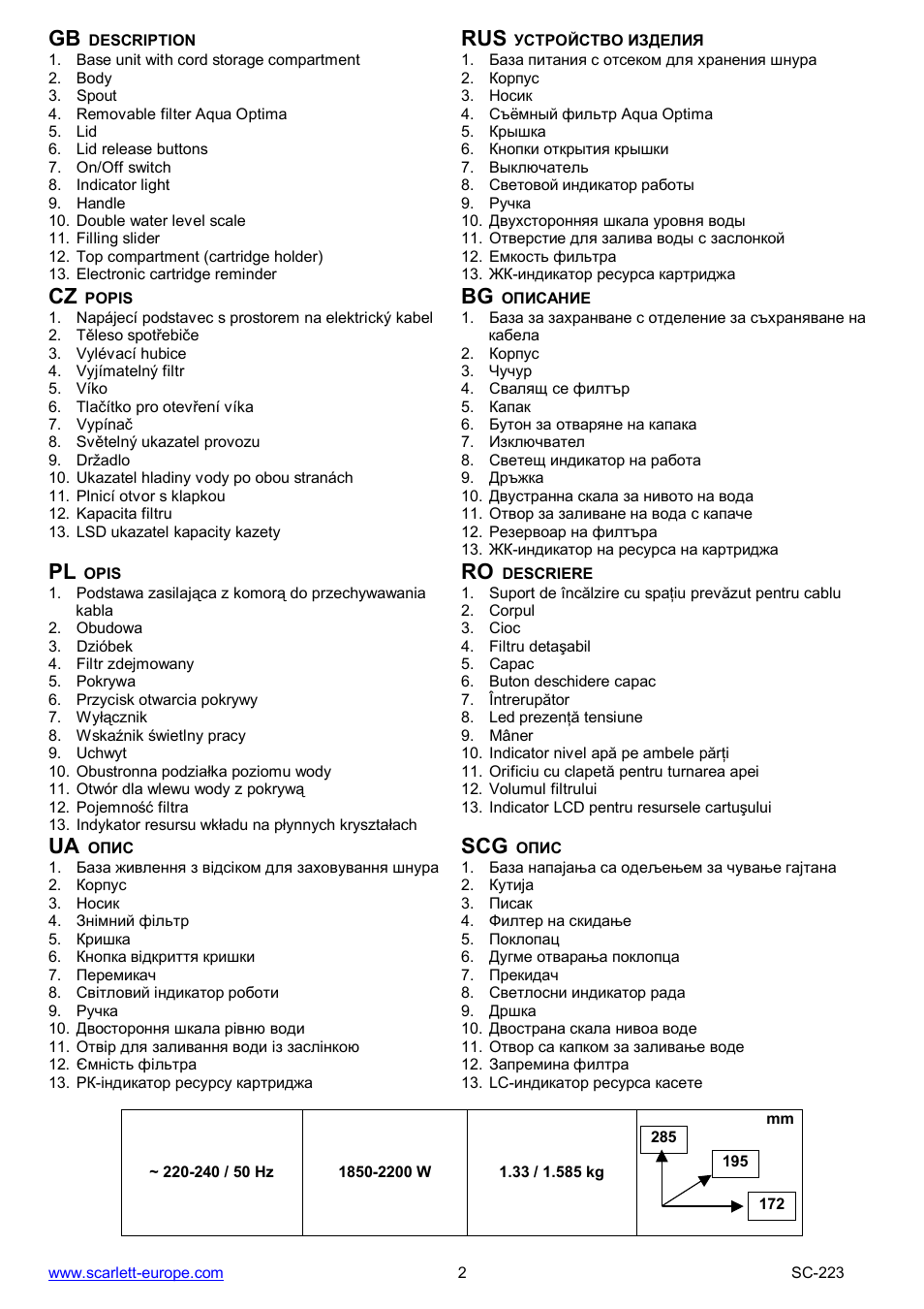 Ua scg | Scarlett SC-223 User Manual | Page 2 / 21