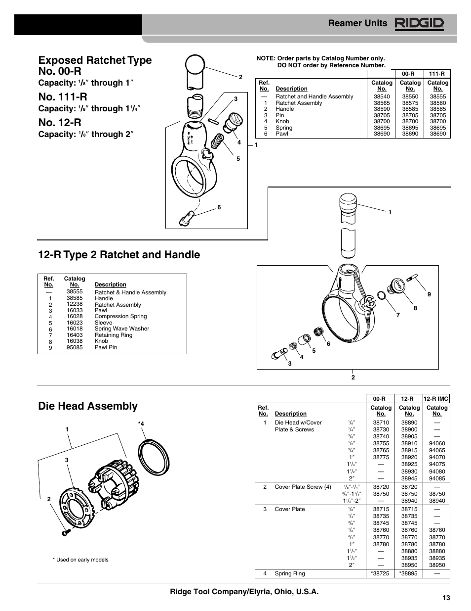 Exposed ratchet type no. 00-r, No. 111-r, No. 12-r | R type 2 ratchet and handle, Die head assembly, Reamer units, Capacity, Through 1, Through 2, Ridge tool company/elyria, ohio, u.s.a | RIDGID Pipe Reamers User Manual | Page 2 / 2