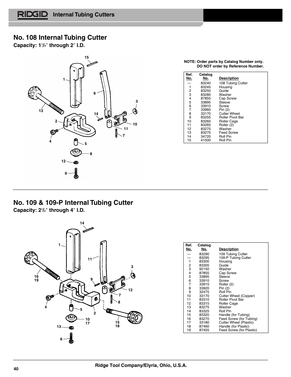 No. 108 internal tubing cutter, Internal tubing cutters, Capacity: 1 | Through 2 ″ i.d, Capacity: 2, Through 4 ″ i.d, Ridge tool company/elyria, ohio, u.s.a | RIDGID 101 Tubing Cutter User Manual | Page 8 / 8