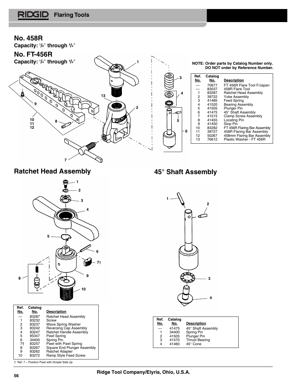 45° shaft assembly ratchet head assembly, No. 458r, No. ft-456r | Flaring tools, Capacity, Through | RIDGID 458R Ratchet Flaring Tool Metric User Manual | Page 2 / 3