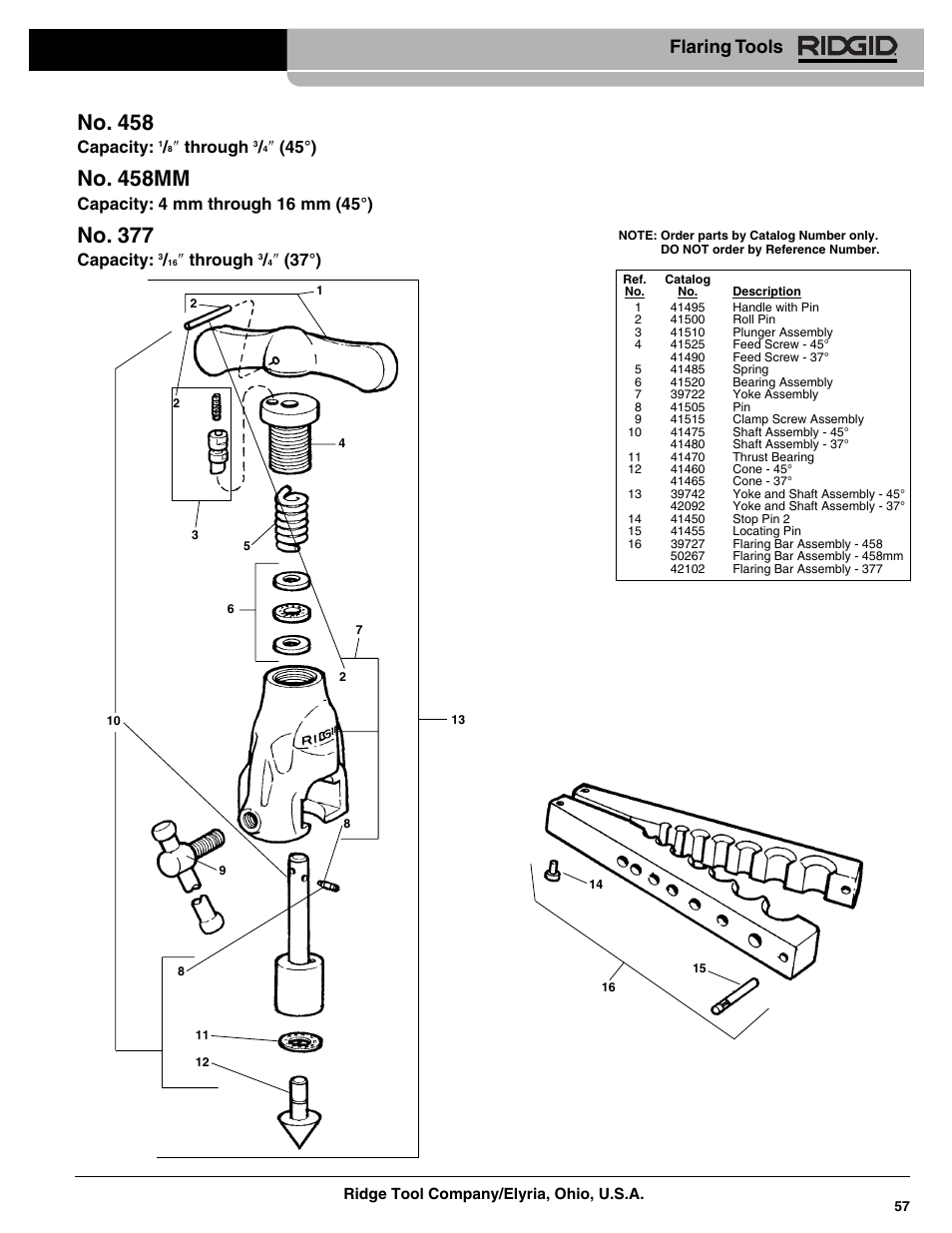 No. 458, No. 458mm, No. 377 | Flaring tools, Capacity, Through | RIDGID 458R Ratchet Flaring Tool Metric User Manual | Page 3 / 3