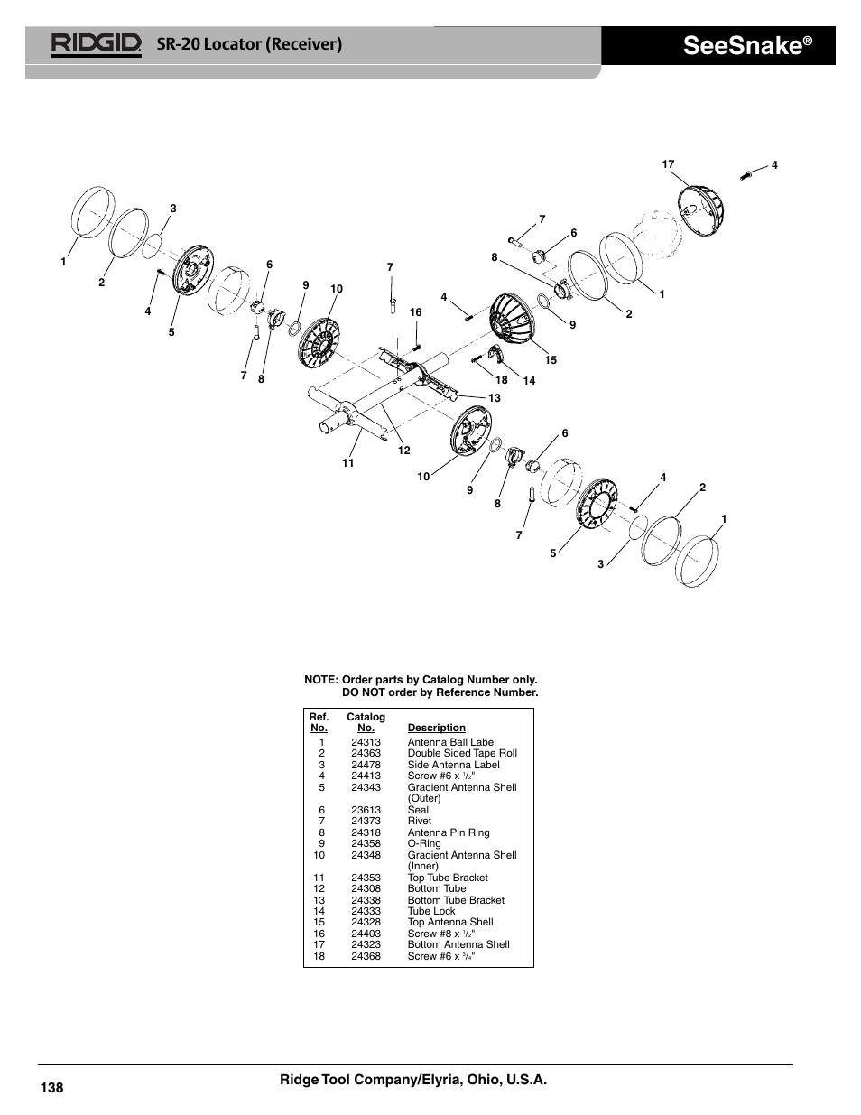 Seesnake, Sr-20 locator (receiver), Ridge tool company/elyria, ohio, u.s.a. 138 | RIDGID SeekTech SR-20 Locator User Manual | Page 3 / 3