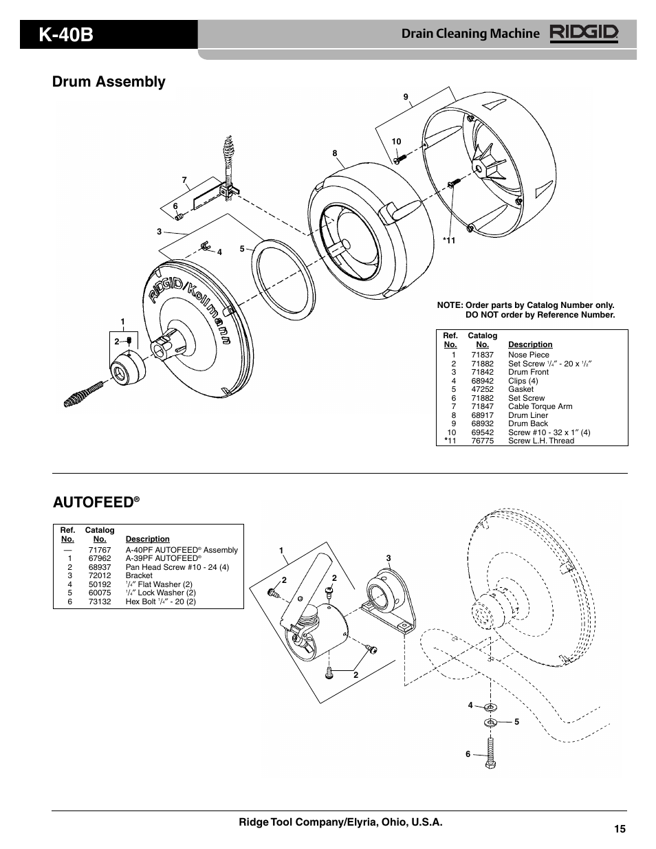K-40b, Drum assembly autofeed, Drain cleaning machine | Ridge tool company/elyria, ohio, u.s.a. 15 | RIDGID RK-40 AF Drum Machine User Manual | Page 3 / 8