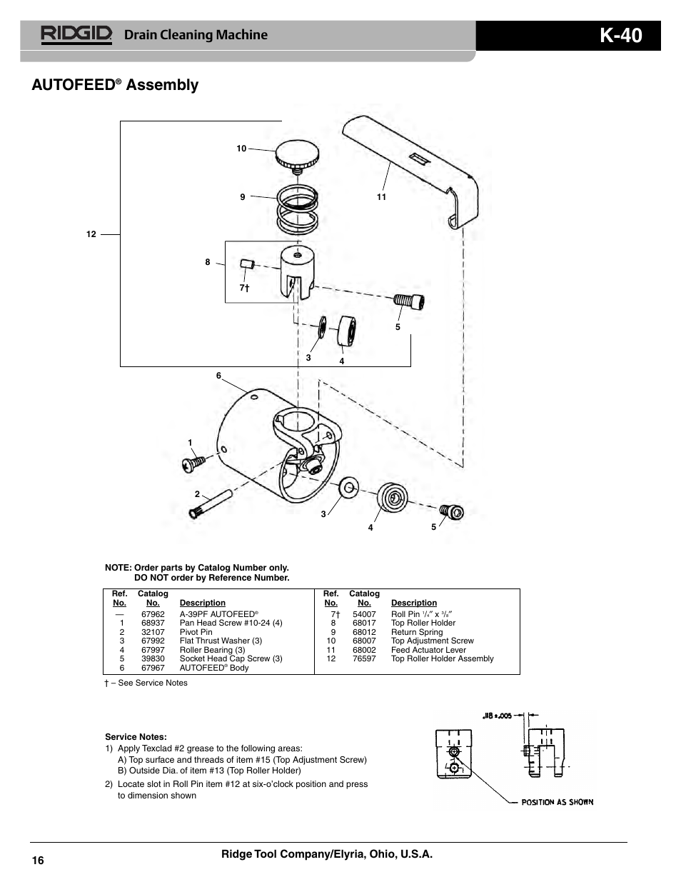 K-40, Autofeed, Assembly | Drain cleaning machine, Ridge tool company/elyria, ohio, u.s.a. 16 | RIDGID RK-40 AF Drum Machine User Manual | Page 4 / 8