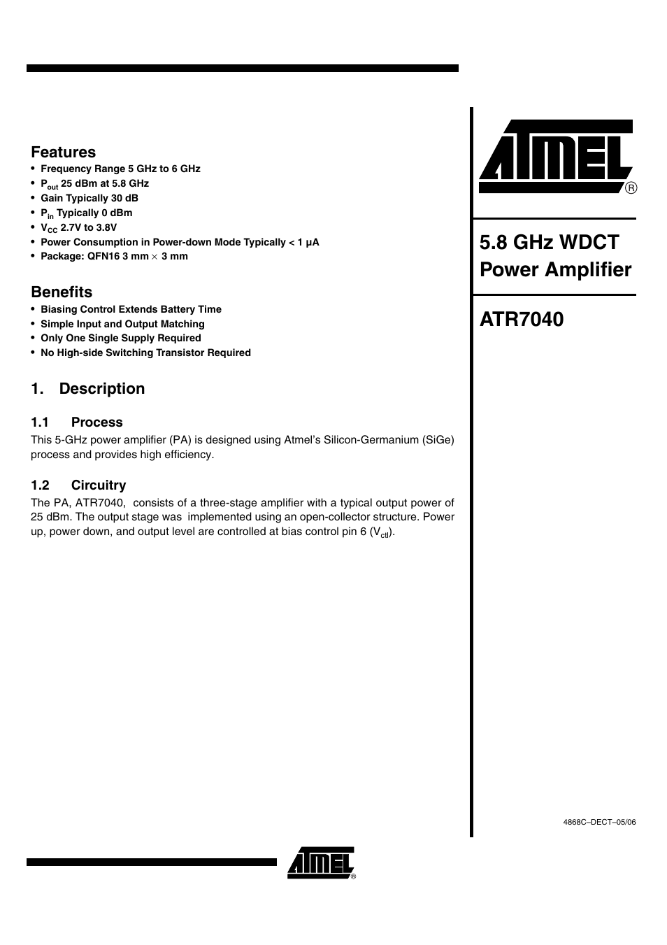 Atmel 5.8 GHz WDCT Power Amplifier ATR7040 User Manual | 8 pages