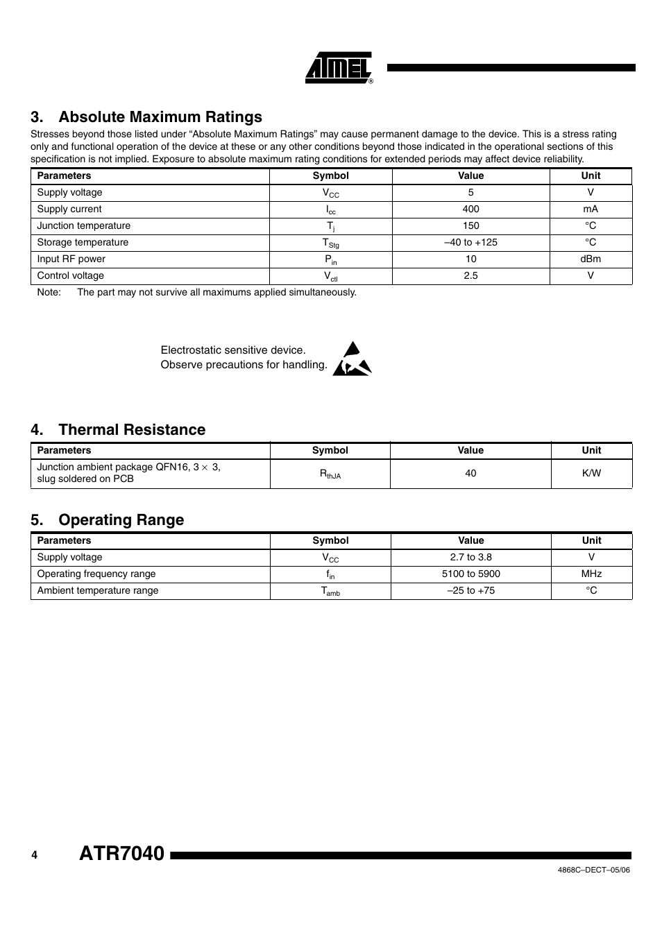 Atr7040, Absolute maximum ratings, Thermal resistance | Operating range | Atmel 5.8 GHz WDCT Power Amplifier ATR7040 User Manual | Page 4 / 8