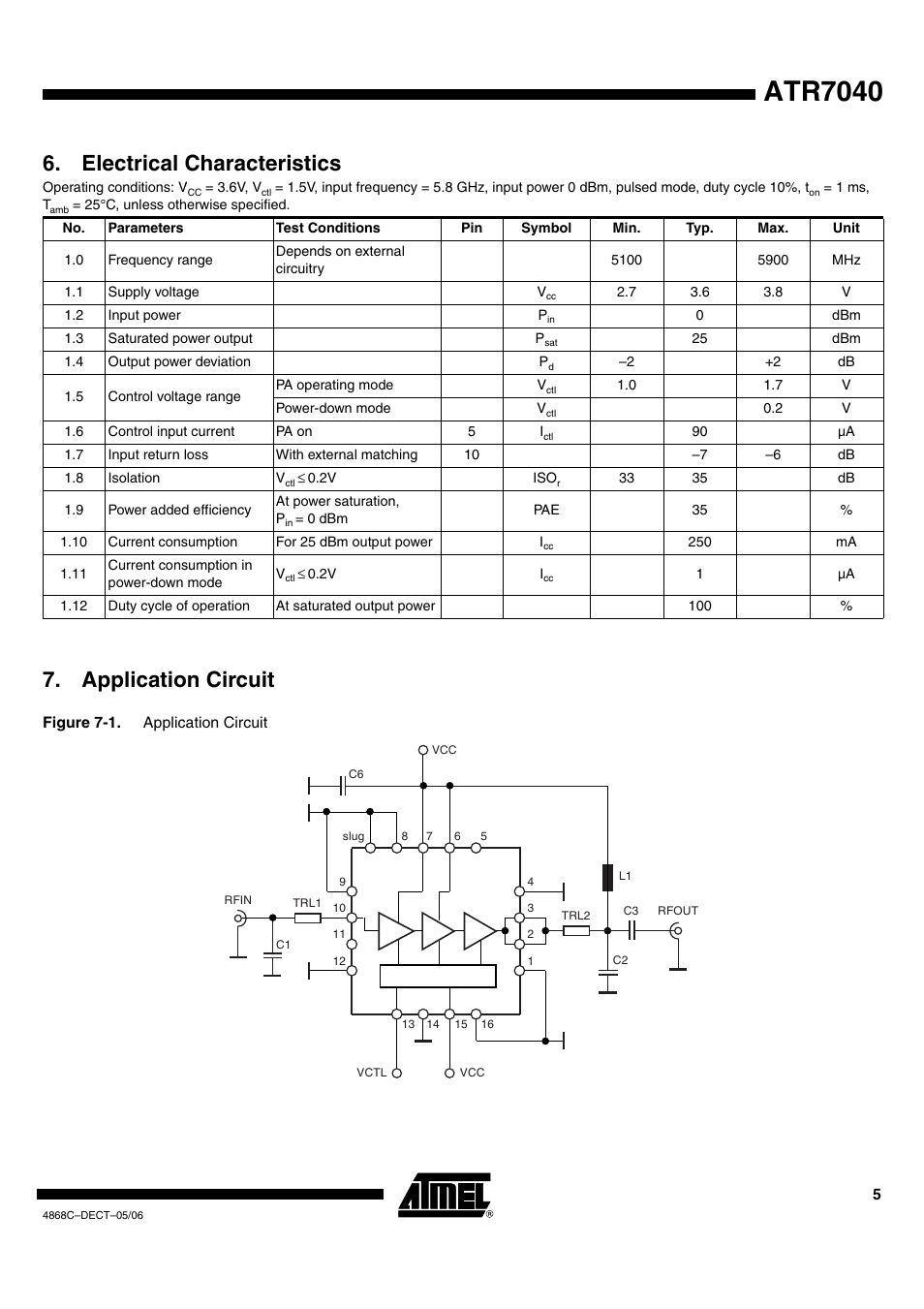 Atr7040, Application circuit, Electrical characteristics | Atmel 5.8 GHz WDCT Power Amplifier ATR7040 User Manual | Page 5 / 8