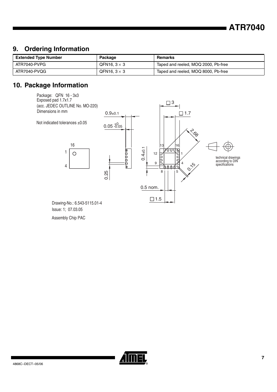 Atr7040, Package information 9. ordering information | Atmel 5.8 GHz WDCT Power Amplifier ATR7040 User Manual | Page 7 / 8