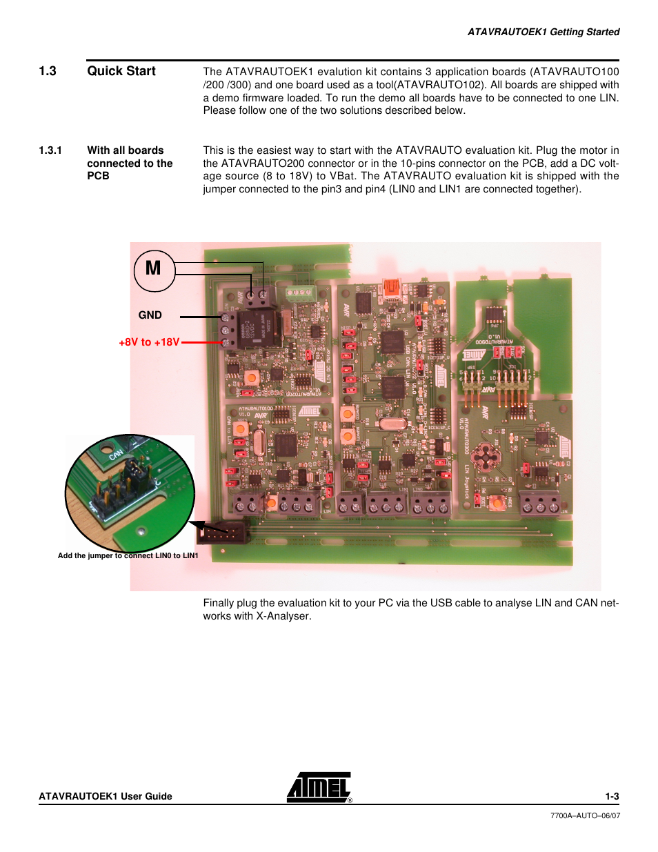 3 quick start, 1 with all boards connected to the pcb | Atmel ATAVRAUTOEK1 User Manual | Page 3 / 5