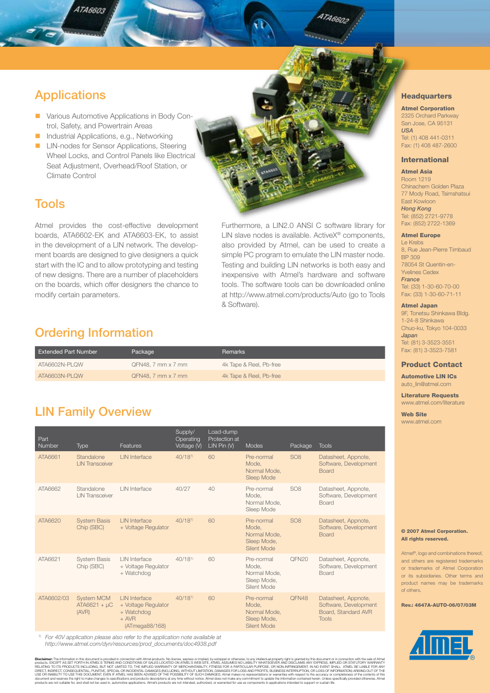 Applications tools, Ordering information lin family overview | Atmel Microcontroller with LIN Transceiver ATA6602 User Manual | Page 2 / 2