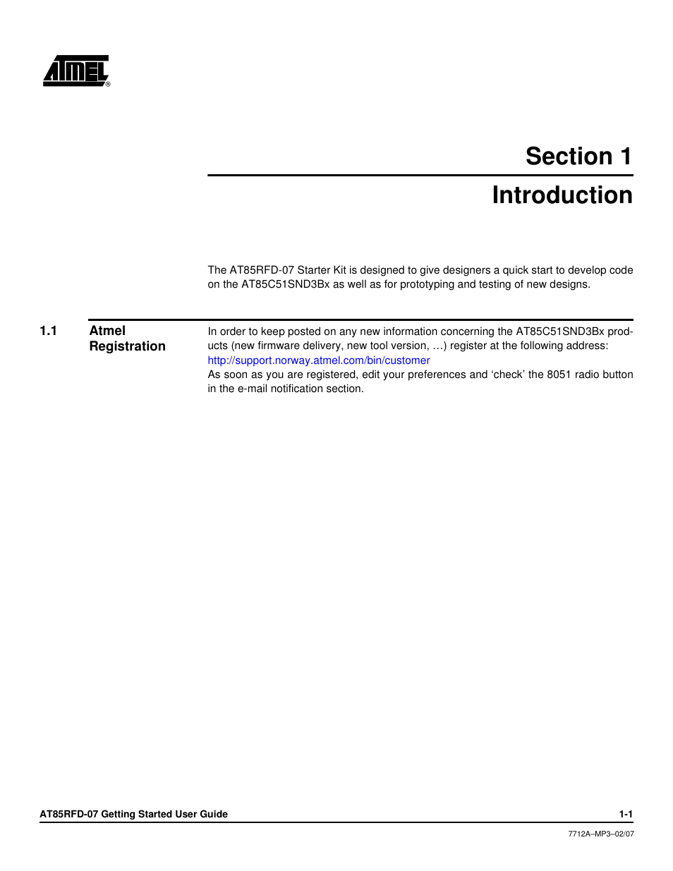 Section 1, Introduction, 1 atmel registration | Atmel registration -1 | Atmel AT85RFD-07 User Manual | Page 3 / 10