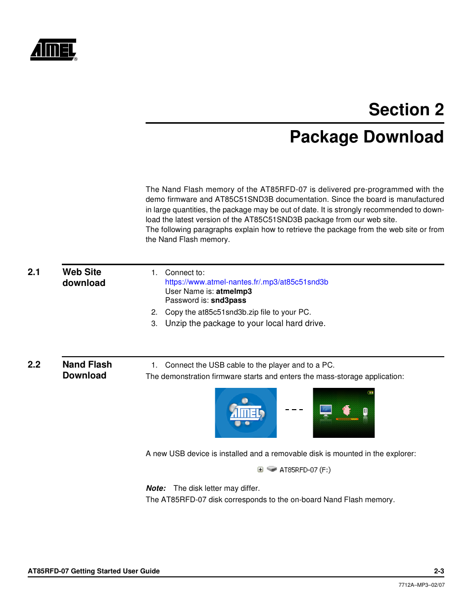 Section 2, Package download, 1 web site download | 2 nand flash download, Web site download -3, Nand flash download -3 | Atmel AT85RFD-07 User Manual | Page 4 / 10