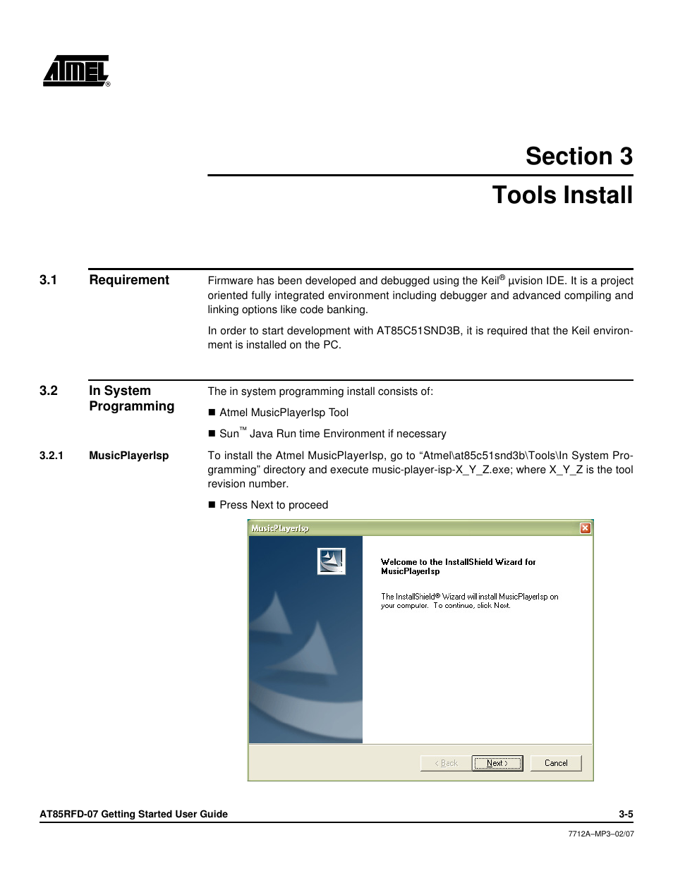 Section 3, Tools install, 1 requirement | 2 in system programming, 1 musicplayerisp, Tools install -5, Requirement -5, In system programming -5, Musicplayerisp -5 | Atmel AT85RFD-07 User Manual | Page 6 / 10