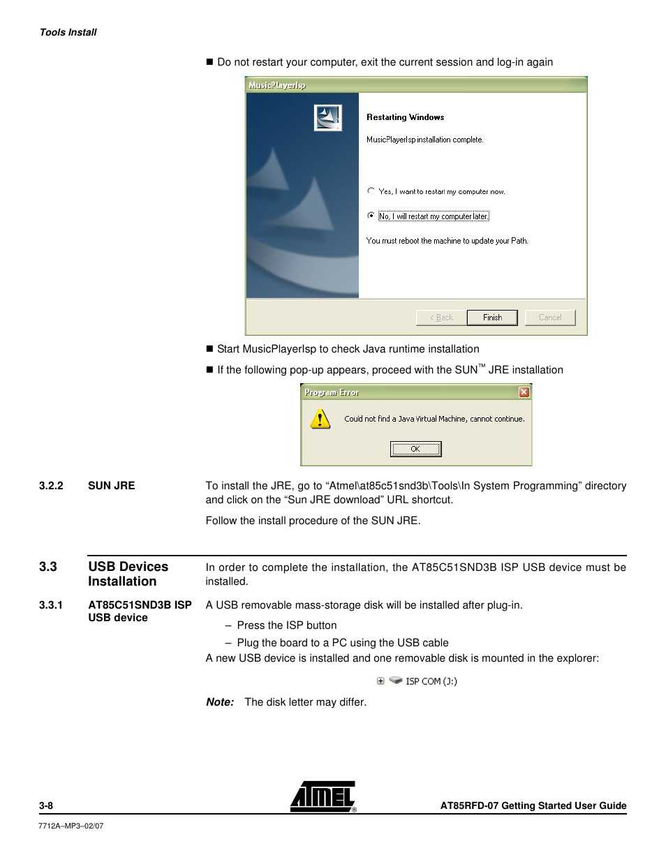 2 sun jre, 3 usb devices installation, 1 at85c51snd3b isp usb device | Sun jre -8, Usb devices installation -8, At85c51snd3b isp usb device -8 | Atmel AT85RFD-07 User Manual | Page 9 / 10