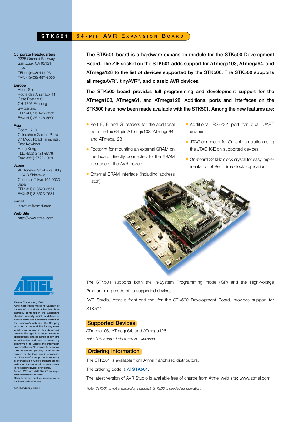 A v r e, S t k 5 0 1, Ordering information | Supported devices, Tinyavr | Atmel STK501 User Manual | Page 2 / 2