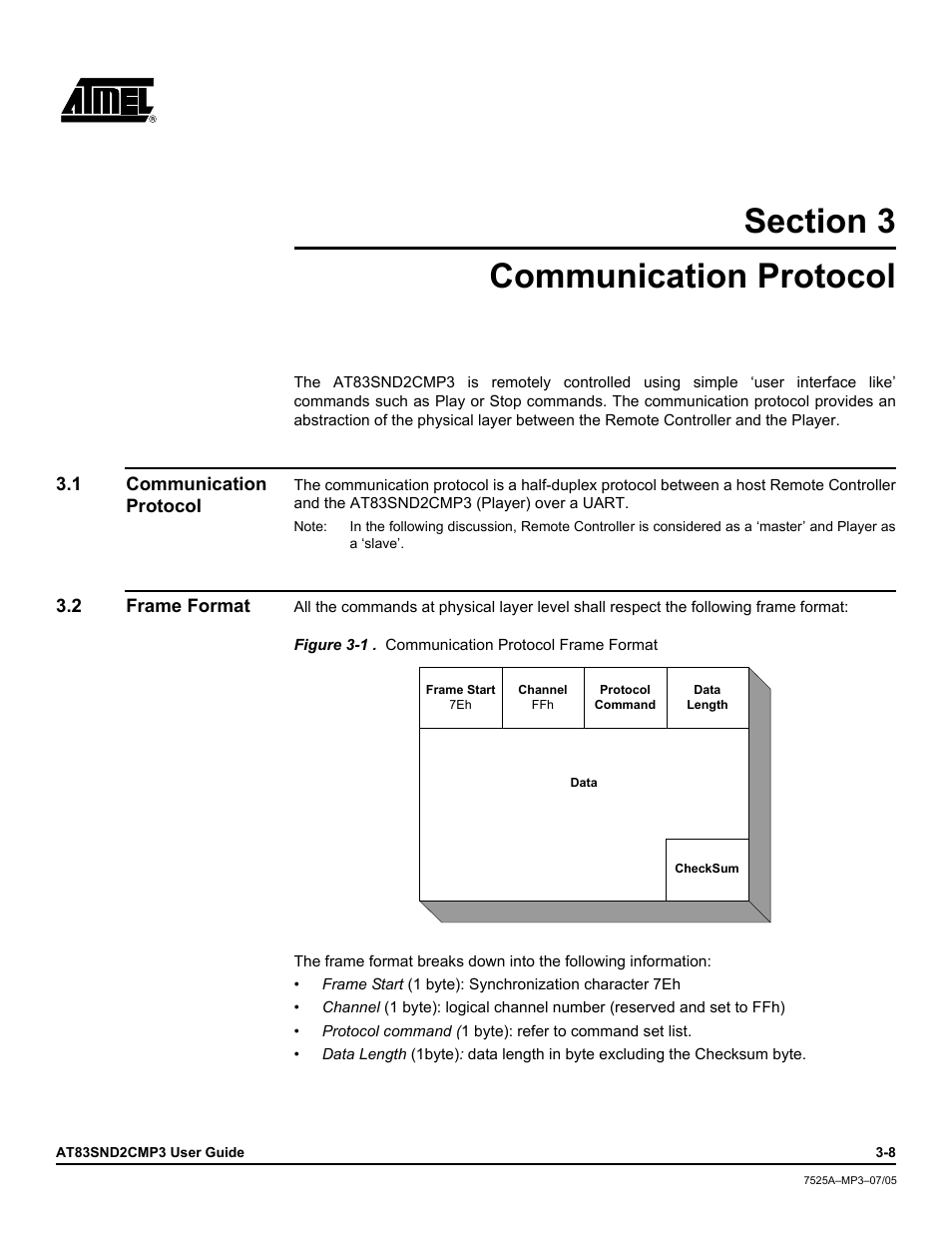 Communication protocol, 1 communication protocol, 2 frame format | Section 3 communication protocol -8, Communication protocol -8, Frame format -8 | Atmel AT83SND2C MP3 User Manual | Page 12 / 66