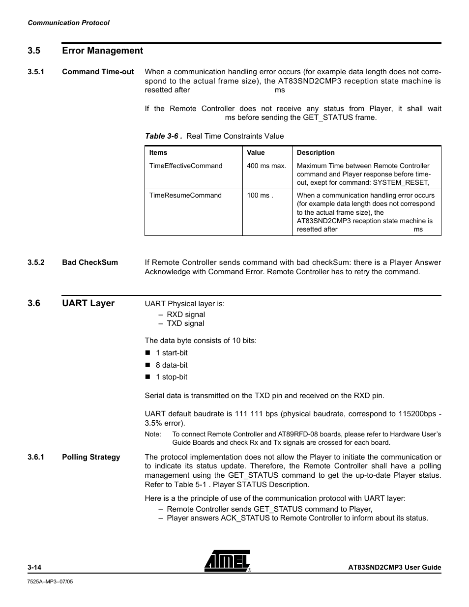 5 error management, 1 command time-out, 2 bad checksum | 6 uart layer, 1 polling strategy, Error management -14, Uart layer -14 | Atmel AT83SND2C MP3 User Manual | Page 18 / 66