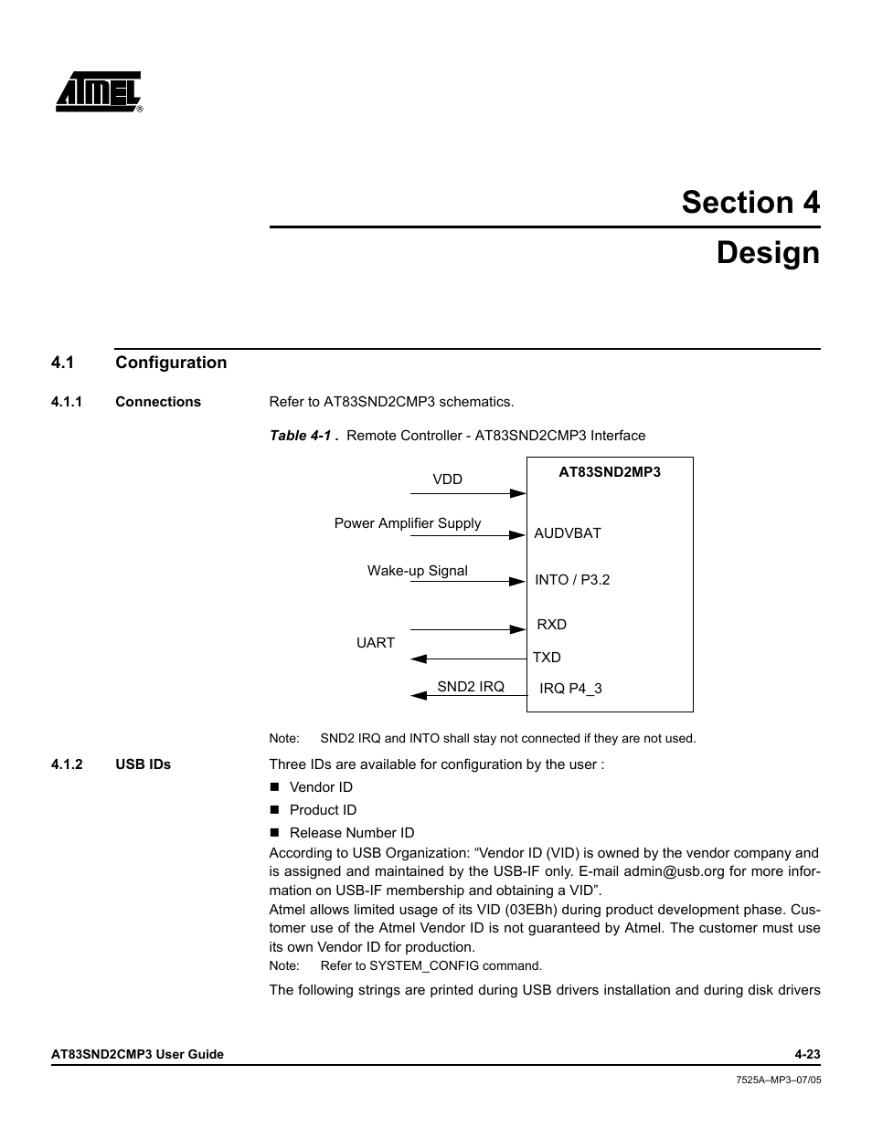 Design, 1 configuration, 1 connections | 2 usb ids, Section 4 design -23, Configuration -23 | Atmel AT83SND2C MP3 User Manual | Page 27 / 66