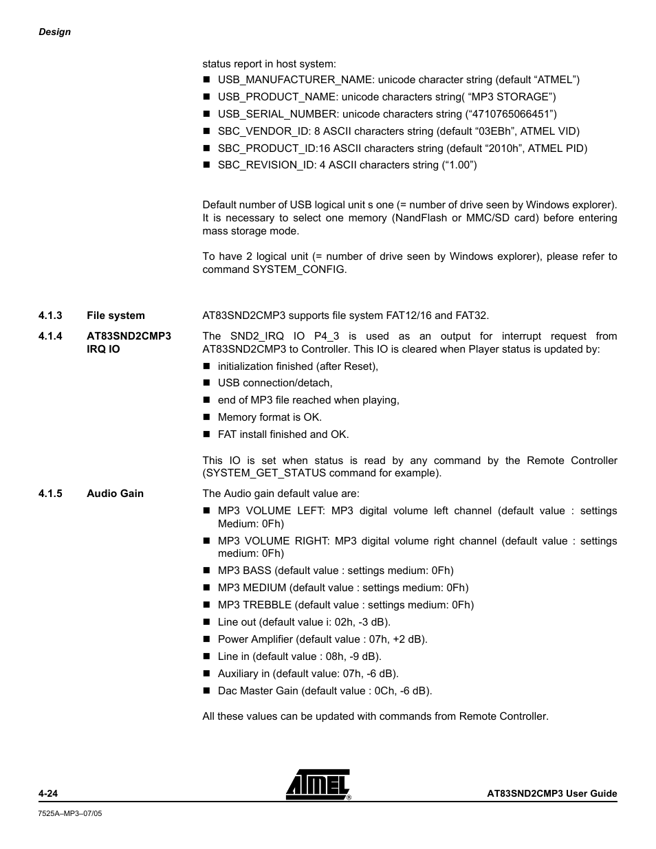3 file system, 4 at83snd2cmp3 irq io, 5 audio gain | Atmel AT83SND2C MP3 User Manual | Page 28 / 66