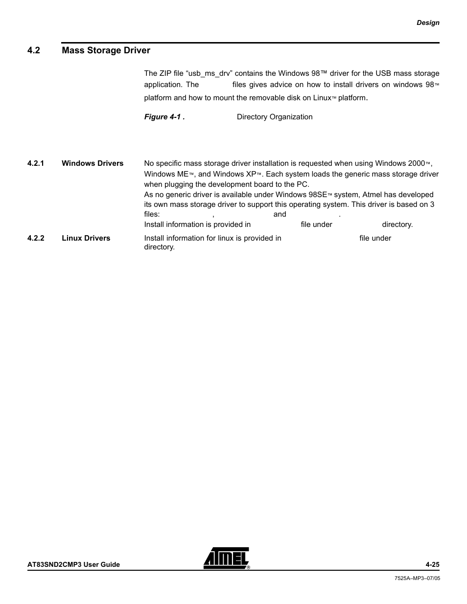 2 mass storage driver, 1 windows drivers, 2 linux drivers | Mass storage driver -25 | Atmel AT83SND2C MP3 User Manual | Page 29 / 66