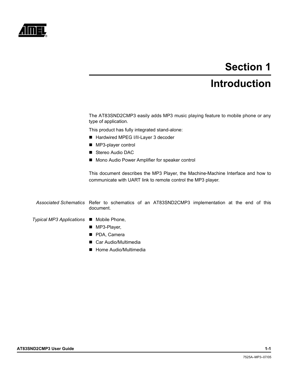 Introduction, Section 1 introduction -1 | Atmel AT83SND2C MP3 User Manual | Page 5 / 66