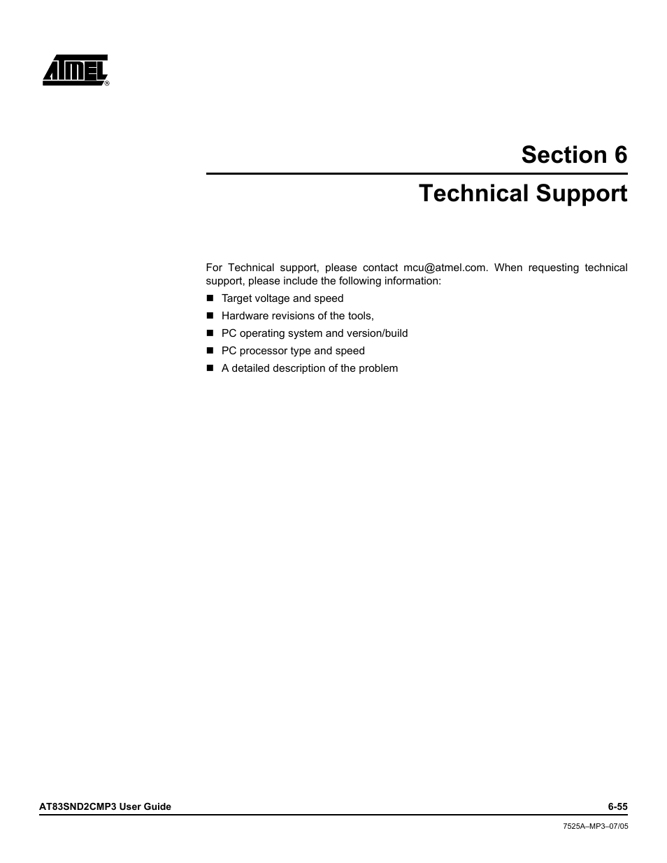 Technical support, Section 6 technical support -55 | Atmel AT83SND2C MP3 User Manual | Page 59 / 66
