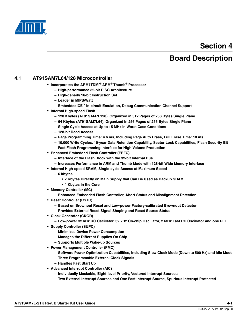 Section 4, Board description, 1 at91sam7l64/128 microcontroller | Board description -1, At91sam7l64/128 microcontroller -1 | Atmel AT91SAM7L-STK User Manual | Page 15 / 40