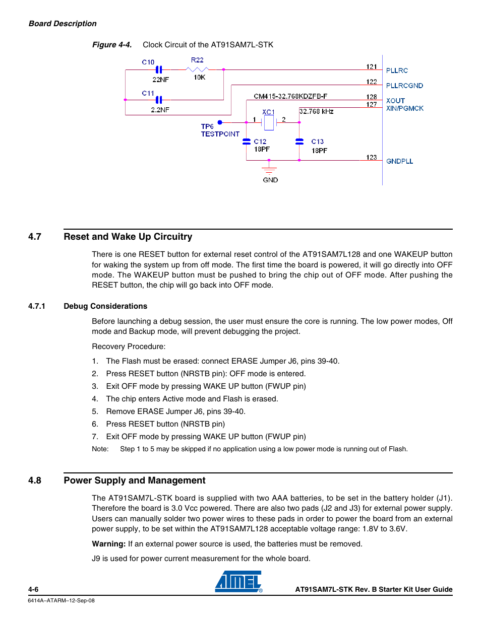 7 reset and wake up circuitry, 1 debug considerations, 8 power supply and management | Reset and wake up circuitry -6, Power supply and management -6 | Atmel AT91SAM7L-STK User Manual | Page 20 / 40