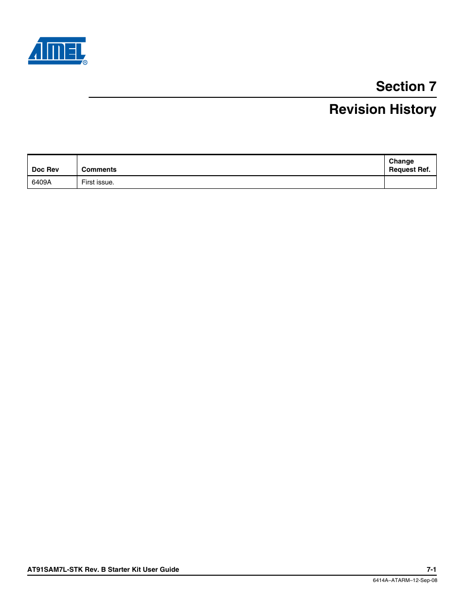 Section 7, Revision history, Revision history -1 | Atmel AT91SAM7L-STK User Manual | Page 39 / 40
