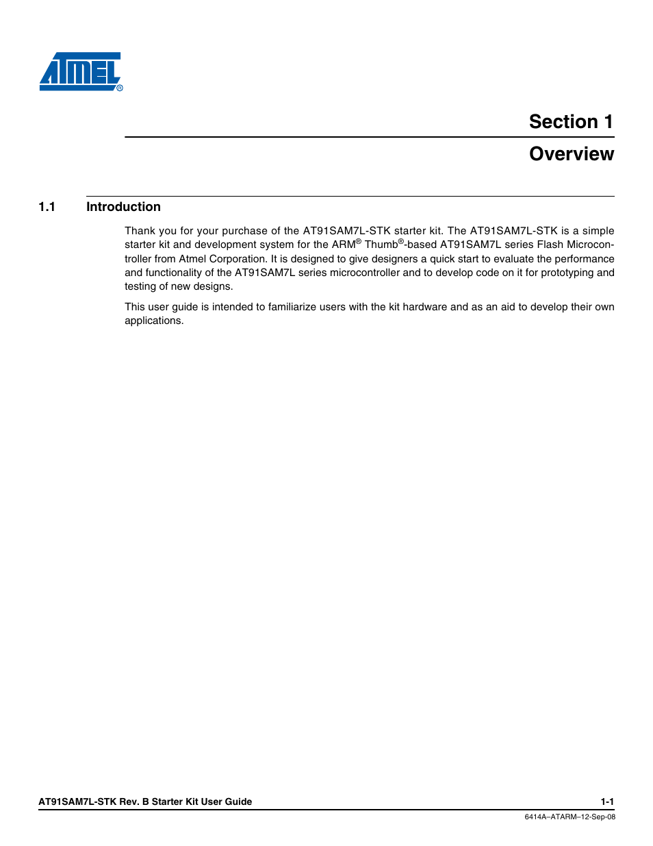 Section 1, Overview, 1 introduction | Overview -1, Introduction -1 | Atmel AT91SAM7L-STK User Manual | Page 5 / 40