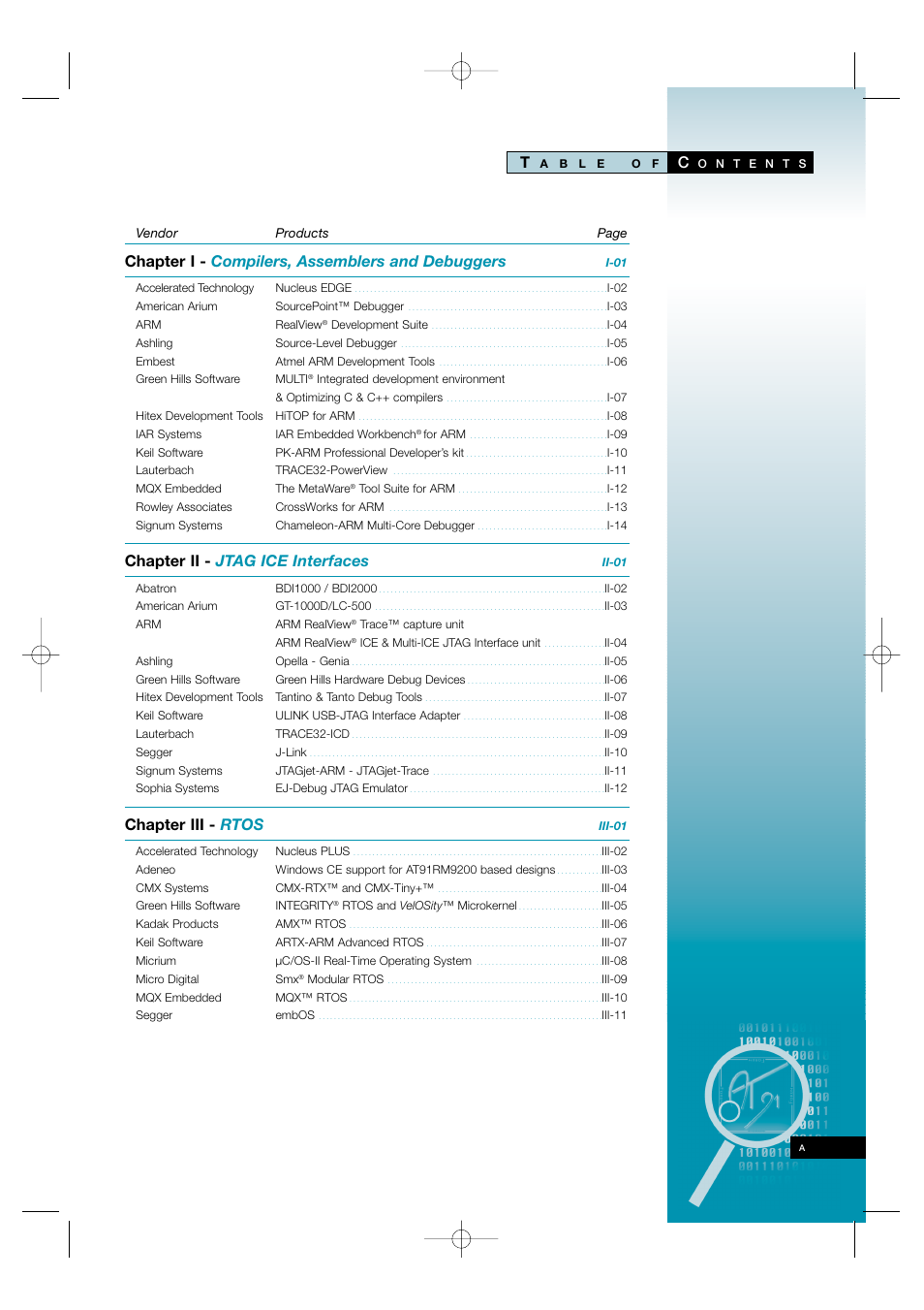 Table of contents 1, Chapter i - compilers, assemblers and debuggers, Chapter ii - jtag ice interfaces | Chapter iii - rtos | Atmel AT91 User Manual | Page 2 / 62