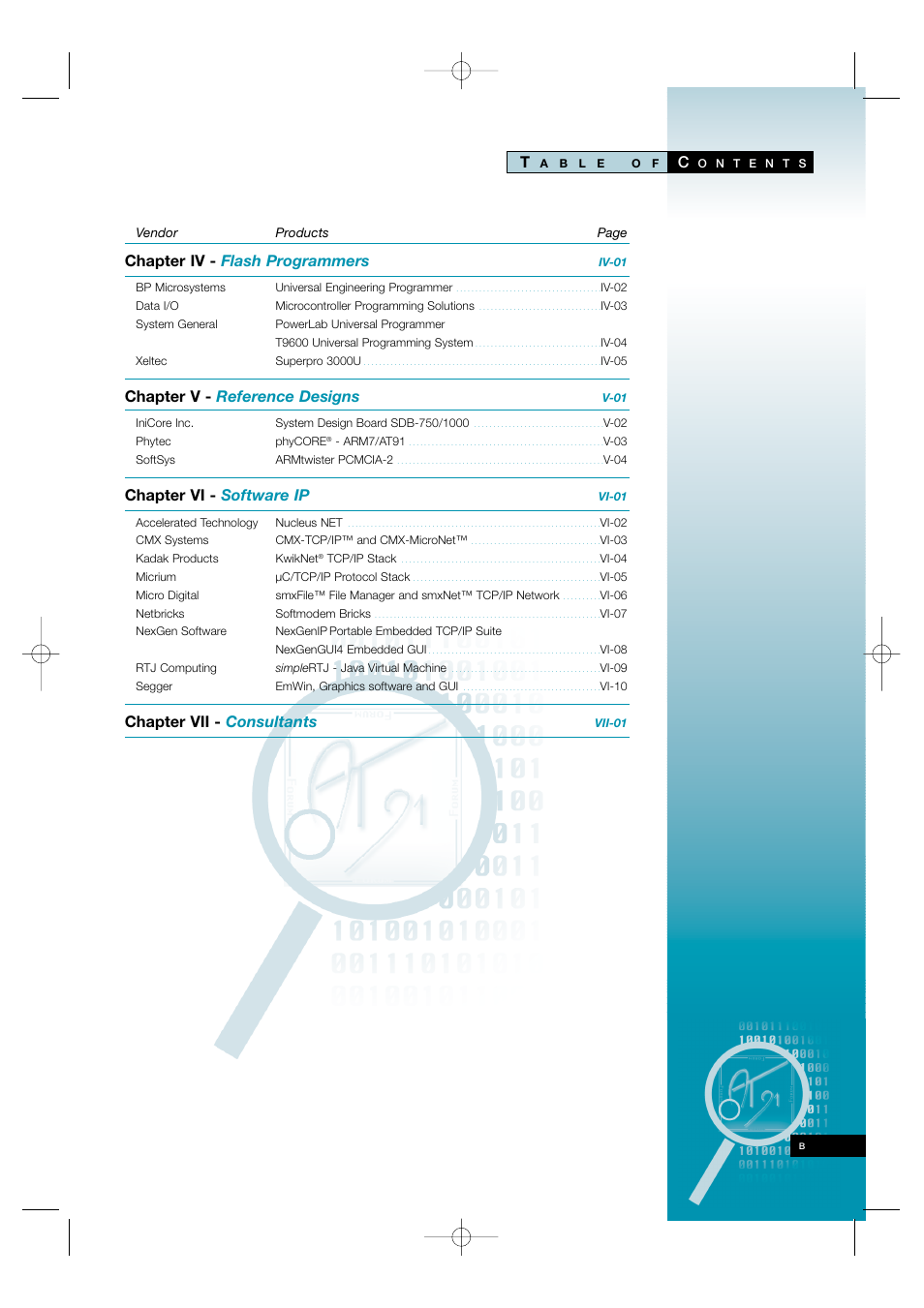 Table of contents 2, Chapter iv - flash programmers, Chapter v - reference designs | Chapter vi - software ip, Chapter vii - consultants | Atmel AT91 User Manual | Page 3 / 62