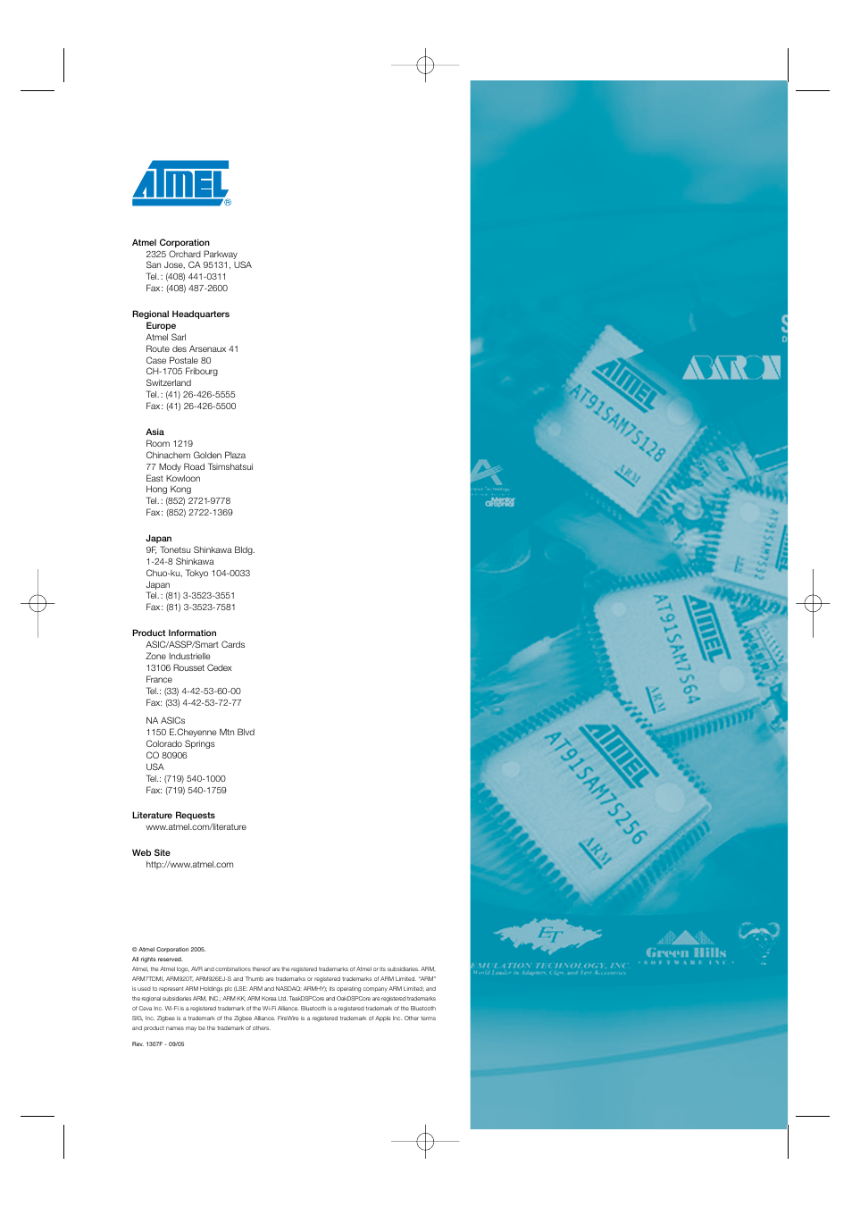 Atmel headquarters | Atmel AT91 User Manual | Page 62 / 62