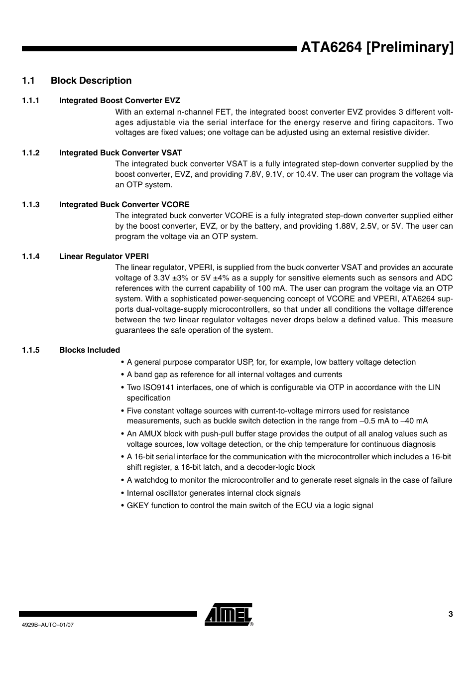 1 block description, 1 integrated boost converter evz, 2 integrated buck converter vsat | 3 integrated buck converter vcore, 4 linear regulator vperi, 5 blocks included, Ata6264 [preliminary | Atmel ATA6264 User Manual | Page 3 / 83