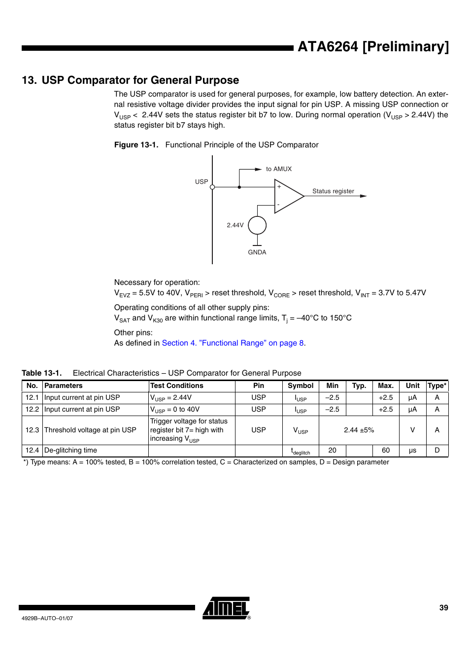 Usp comparator for general purpose, Ata6264 [preliminary | Atmel ATA6264 User Manual | Page 39 / 83