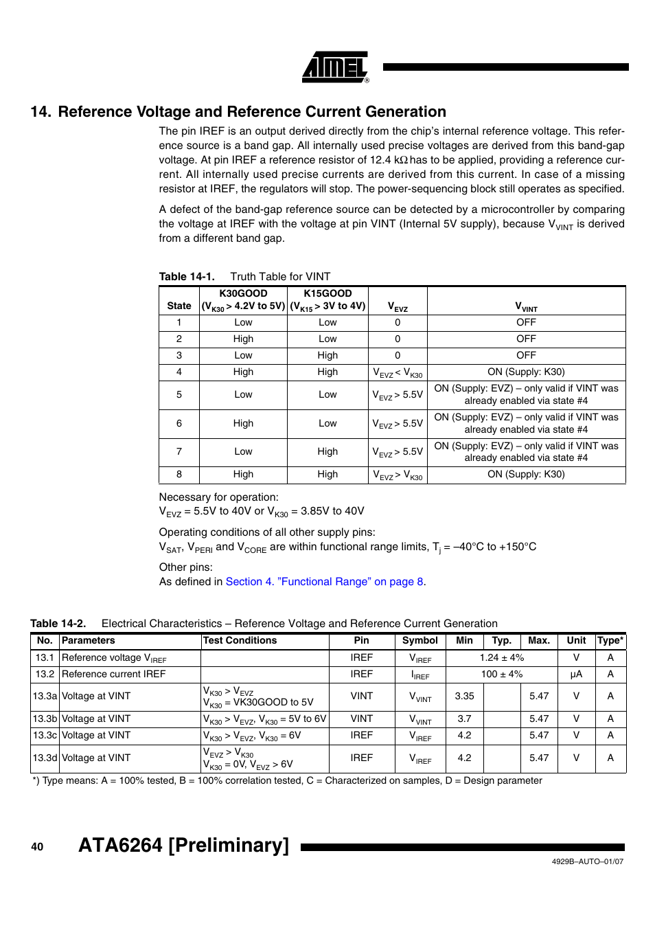 Reference voltage and reference current generation, Ata6264 [preliminary | Atmel ATA6264 User Manual | Page 40 / 83